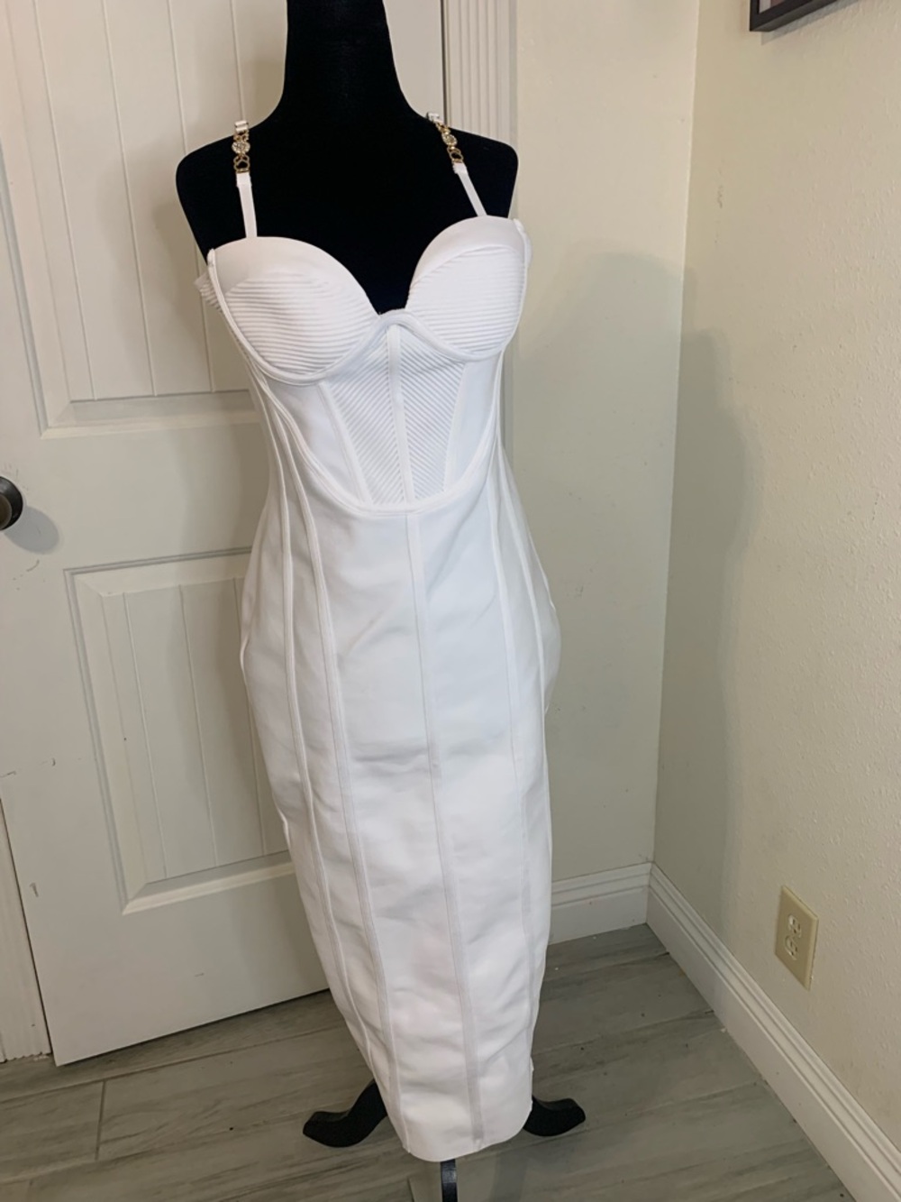 Fashion Nova White Bustier Midi Dress with Gold Chain Straps